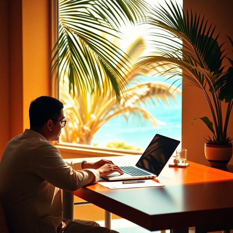Persona escribiendo un mensaje en un escritorio luminoso en Higüey con luz cálida del Caribe