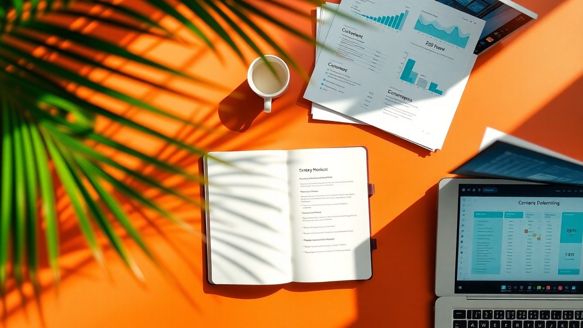 Espacio de trabajo editorial en tonos terracota y crema con cuaderno de estrategia y panel de rendimiento